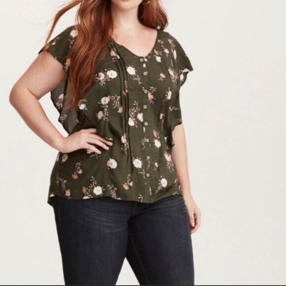 Torrid Floral Pin Tuck Button Front Flutter Ruffle Sleeve Yoked Top Army Green - Picture 16 of 16